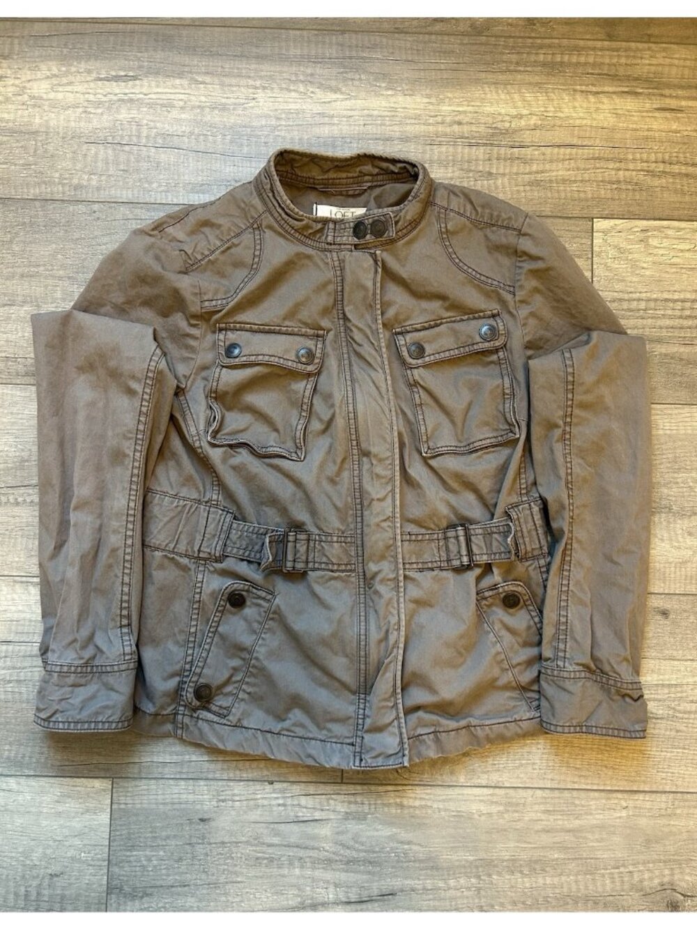 Ann Taylor LOFT Jacket Size 6 Brown Military Style Full Zip Belted Snap Pockets - Picture 1 of 10